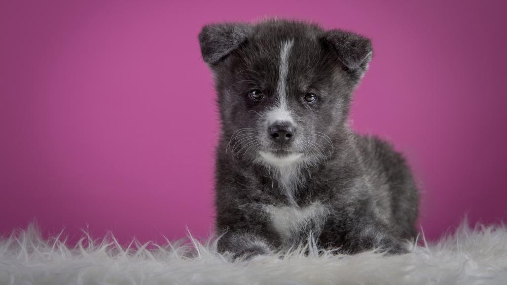 Adorable Black Puppy on Pink Background wallpaper