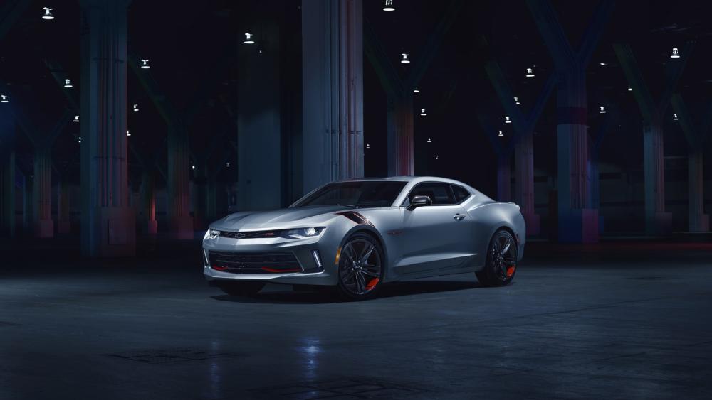 Silver Camaro Under Neon Shadows wallpaper
