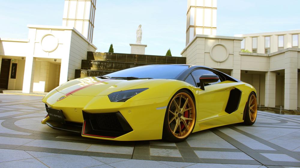 Yellow Lamborghini Aventador in Luxury Courtyard wallpaper