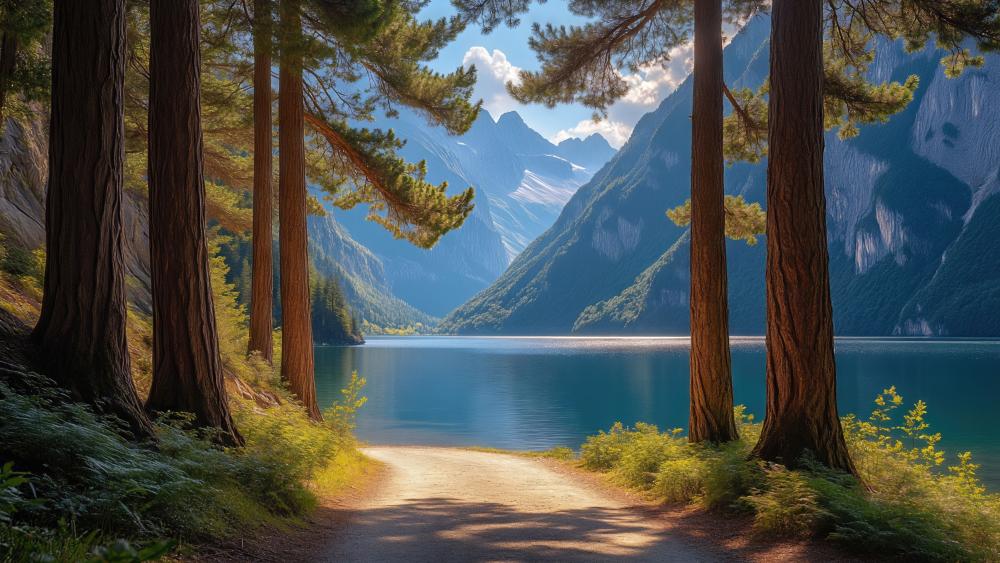 Sunlit Forest Path to Alpine Lake wallpaper