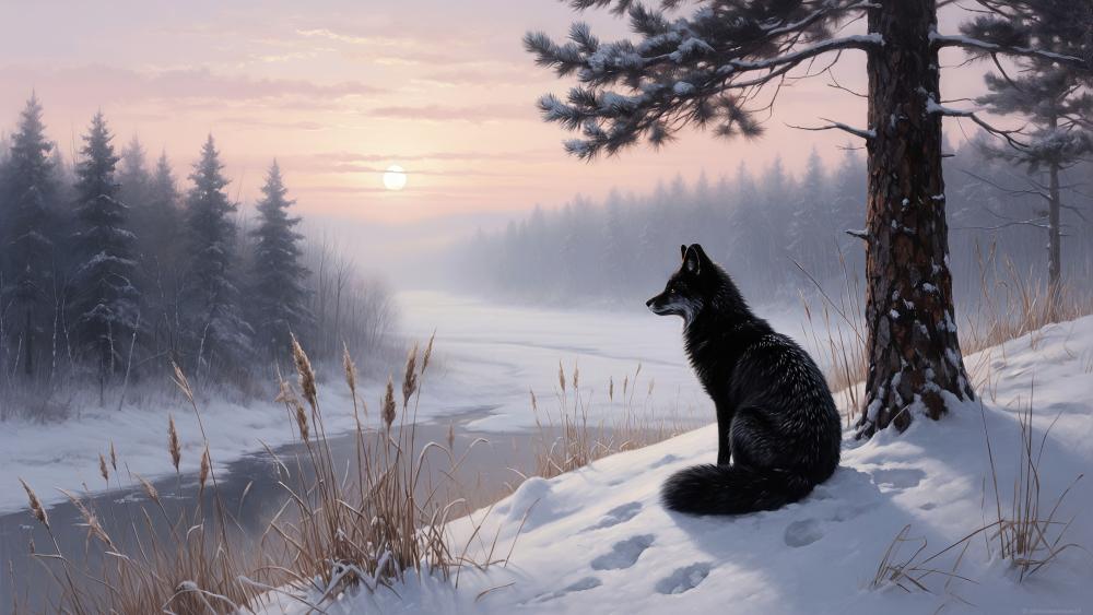 Snowbound Fox at the Frozen River wallpaper
