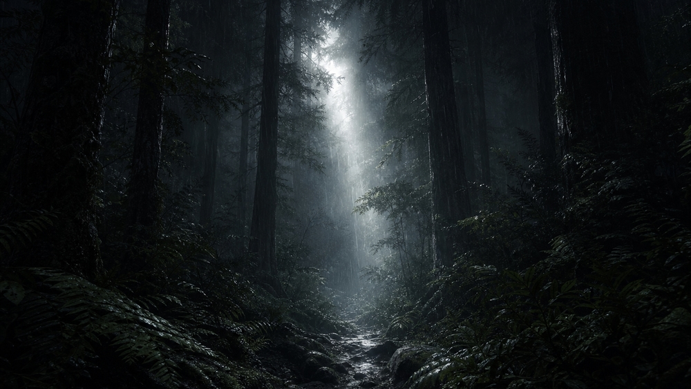 Mysterious Forest Light Through Shadows wallpaper