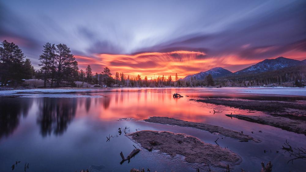 Winter Sunset Over Sprague Lake in Colorado wallpaper