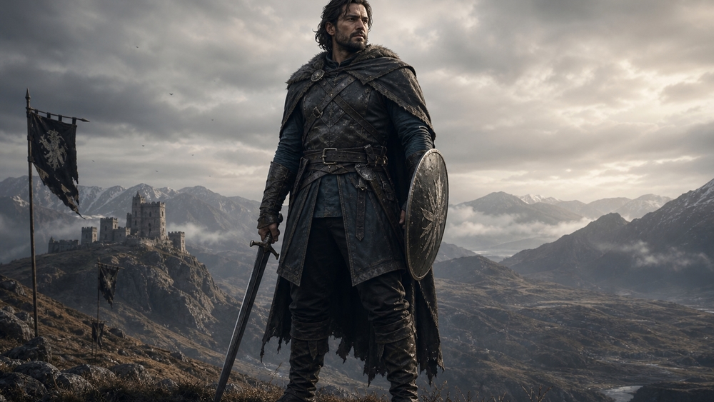 Lone Knight Over Ancient Mountains wallpaper