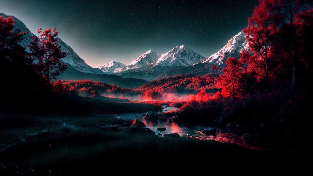 Moonlit Crimson Mountain Valley wallpaper