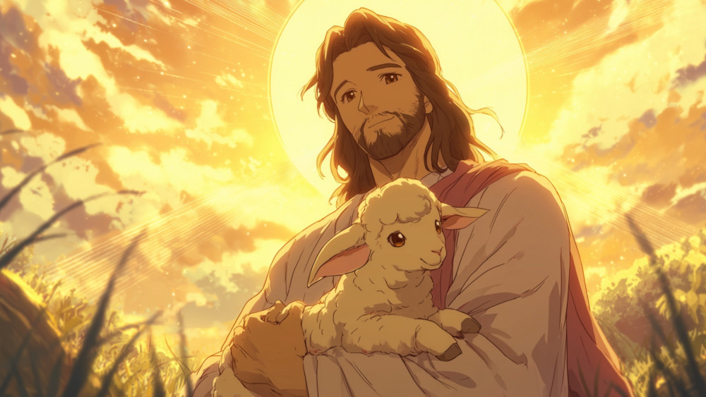 Radiant Shepherd with Gentle Lamb wallpaper
