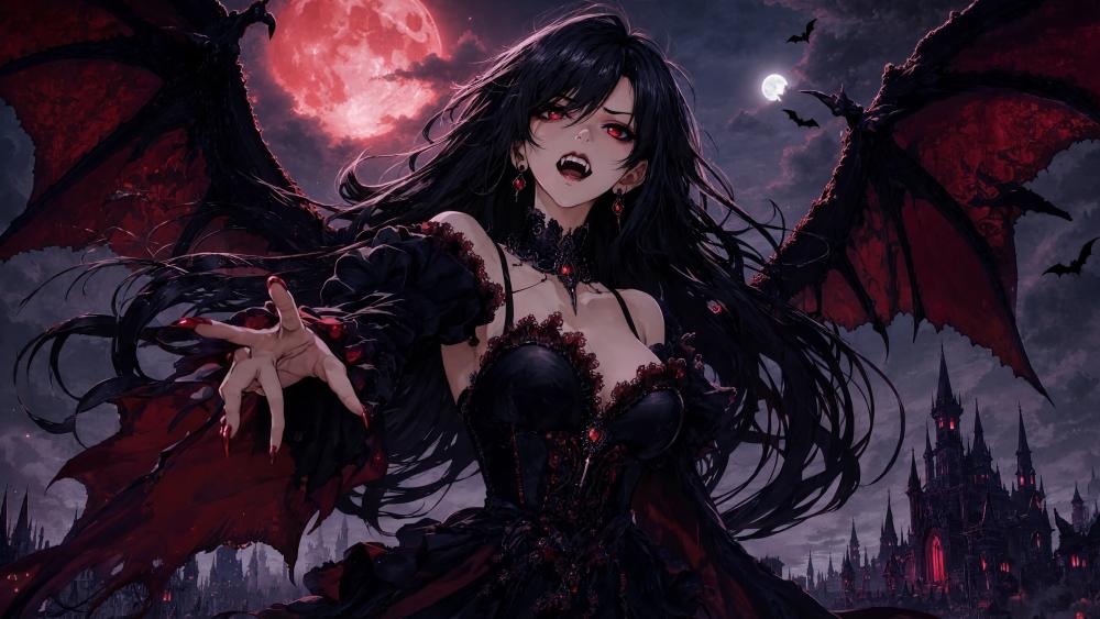 Midnight Vampire Queen Under Crimson Moon wallpaper