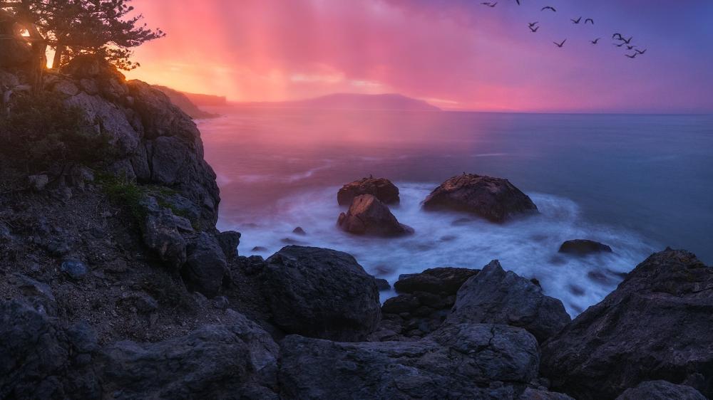 Pink Dusk Over Misty Shoreline wallpaper