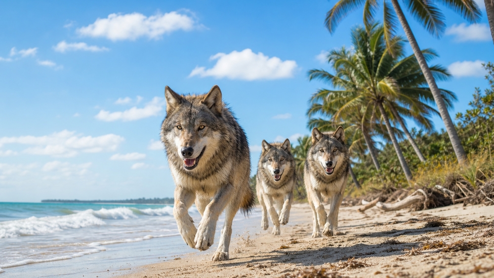 Tropical Wolf Pack Run on Sunny Shore wallpaper
