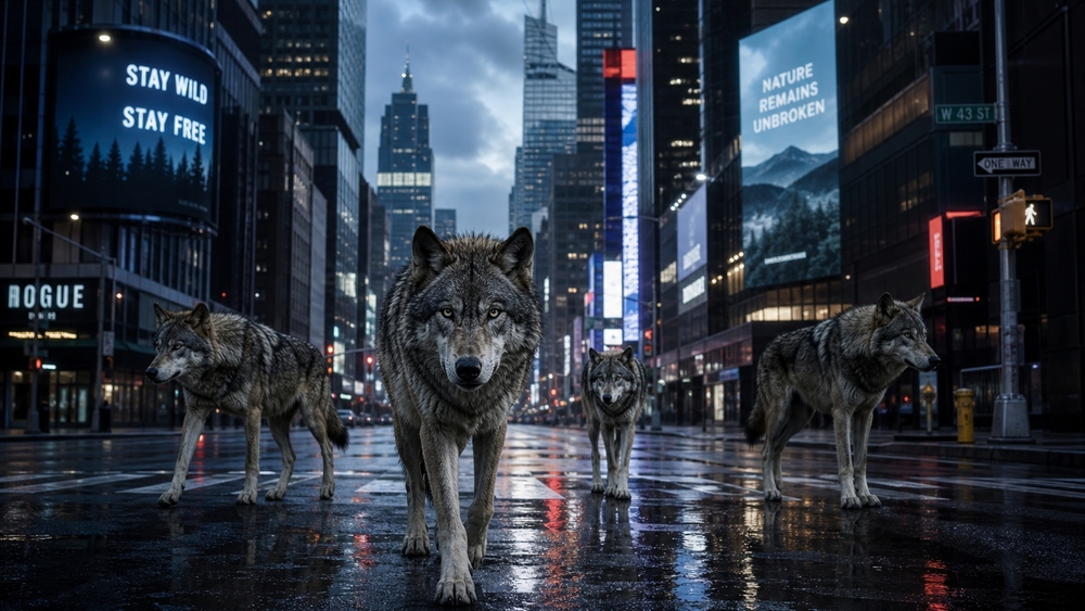 Urban Wolf Pack at Dusk wallpaper