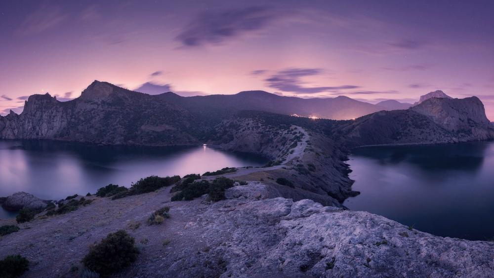 Purple Twilight Over Novyi Svit Cliffs wallpaper