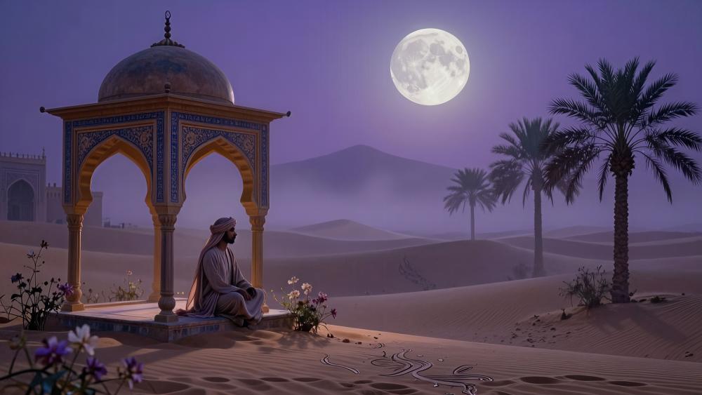 Moonlit Desert Meditation Oasis wallpaper