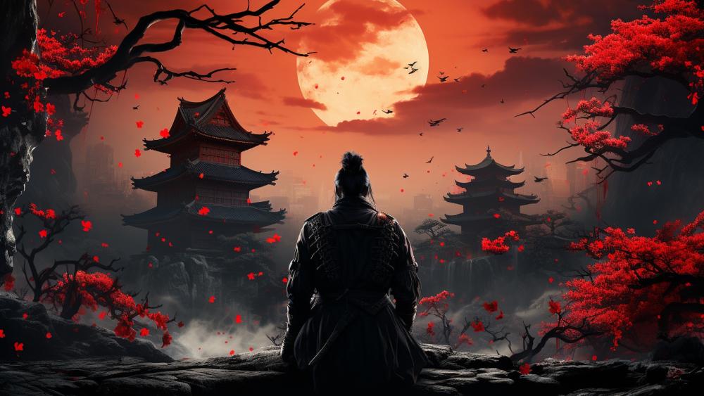 Blood Moon Ronin Over Ancient Temples wallpaper