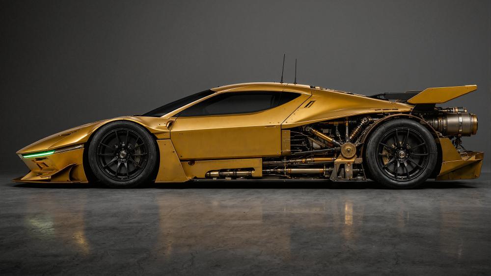 Gold Futuristic Supercar on Dark Studio Background wallpaper