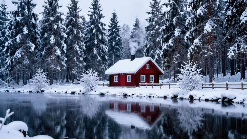 Winter Cabin by the Silent Lake wallpaper