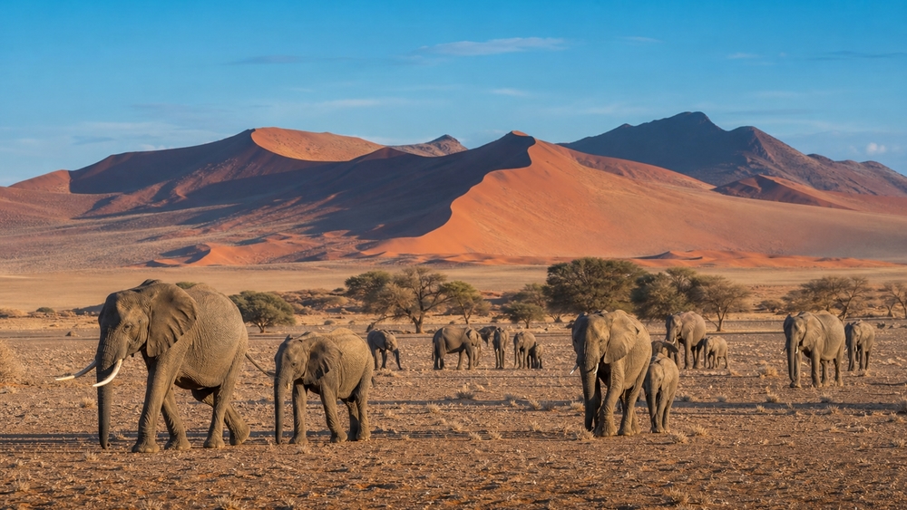 Elephants Crossing the Desert Plains wallpaper