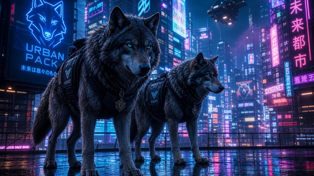 Neon Wolf Pack Over Neon City wallpaper