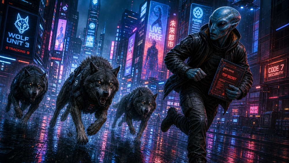 Neon Wolfpack Chase in Rainy Cyberpunk City wallpaper