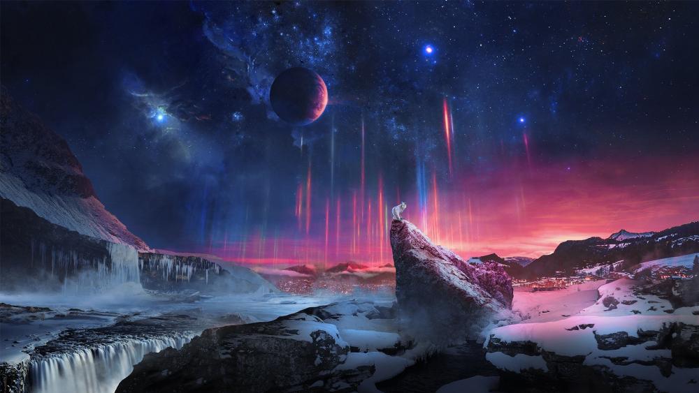 Cosmic Aurora Over Frozen Worlds wallpaper