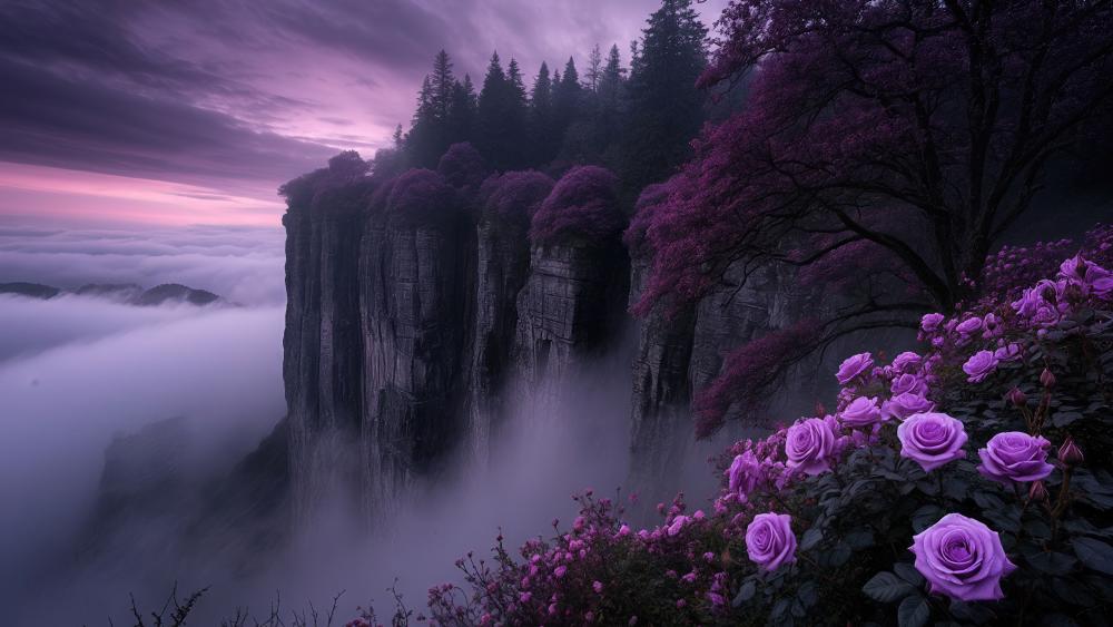 Dreamlit Purple Cliffs Above the Misty Valley wallpaper