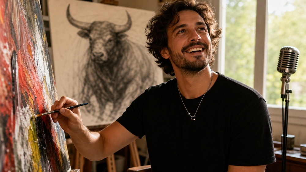 Joyful Artist Painting in a Sunlit Studio wallpaper