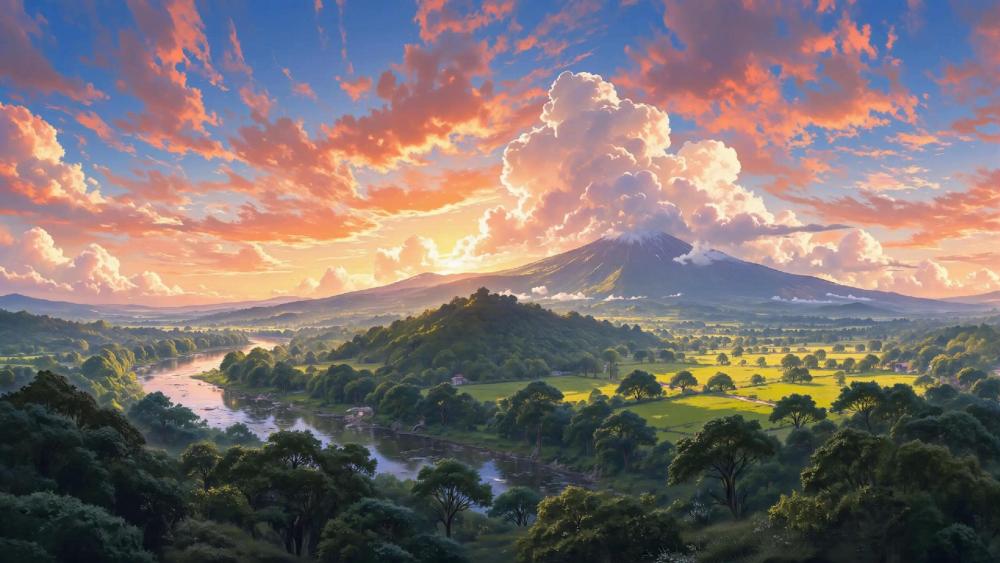 Sunlit River Valley at Dusk wallpaper