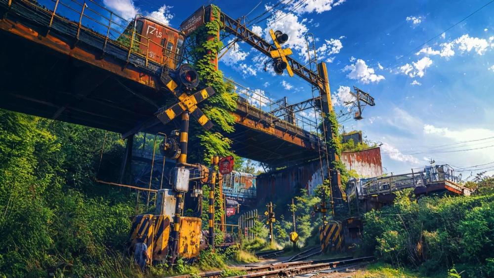 Abandoned Railway Bridge in a Post Apocalyptic Anime World wallpaper