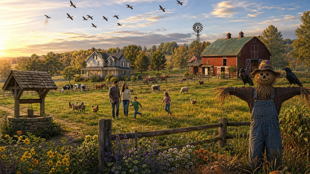 Autumn Farmstead Family Evening wallpaper