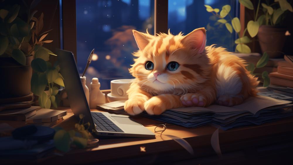 Moonlit Ginger Cat at Cozy Desk wallpaper