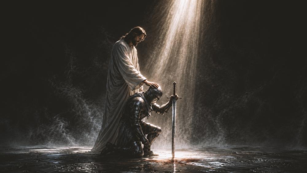 Jesus blessing a weak soldier in a dark place wallpaper