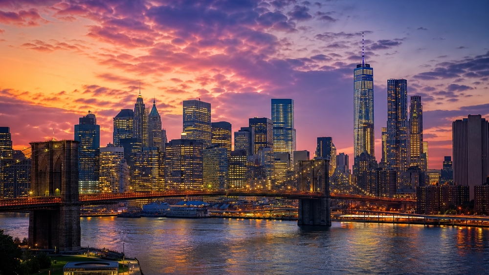Brooklyn Bridge Sunset Over Manhattan Skyline wallpaper