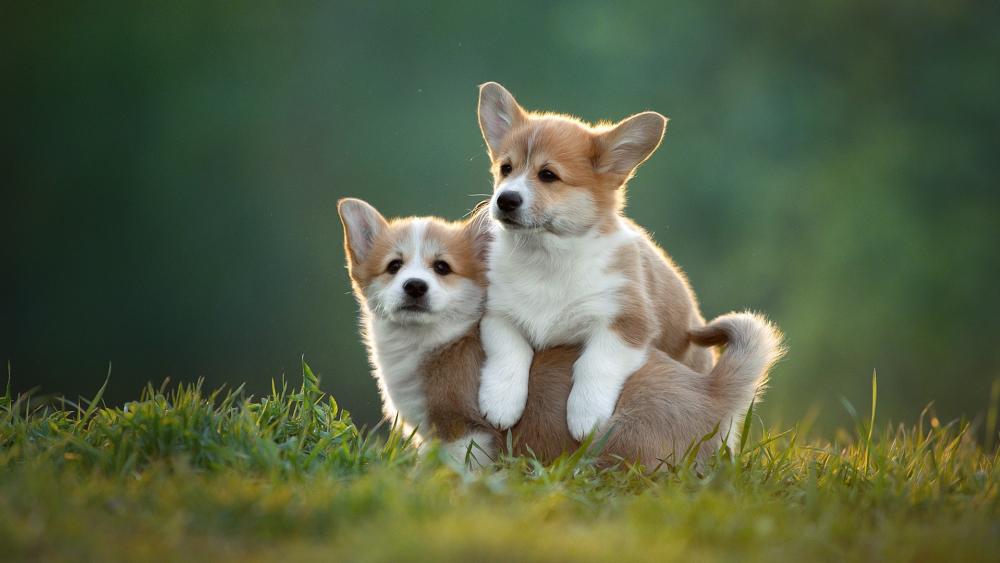 Playful Corgi Puppies in Golden Grass wallpaper