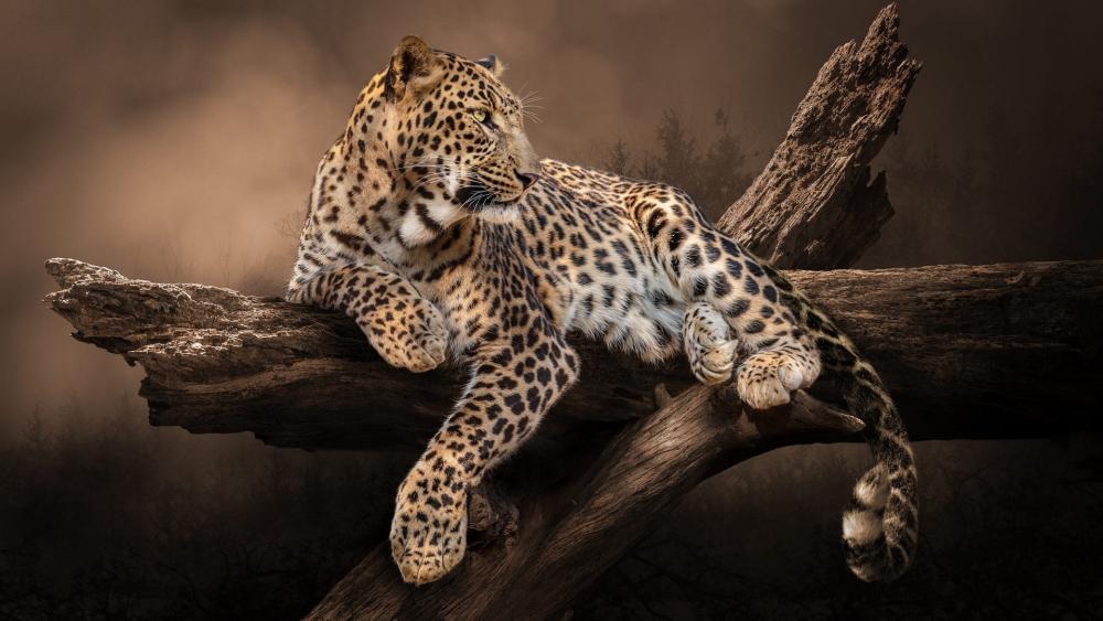 Majestic Leopard Resting on Weathered Branch wallpaper