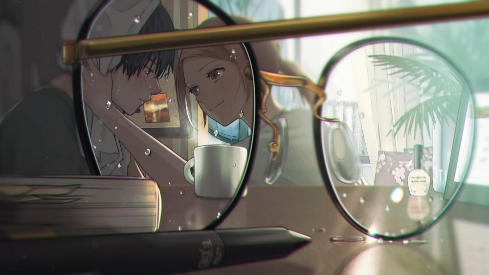 Rainy Reflection of a Loving Anime Couple wallpaper