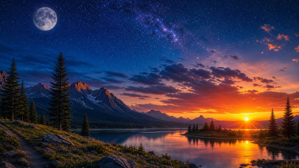 Moonlit Sunset Over Enchanted Lake wallpaper