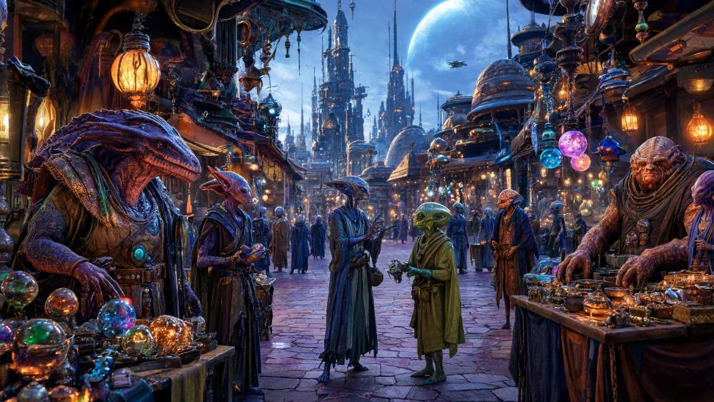 Alien Bazaar Beneath Distant Stars wallpaper