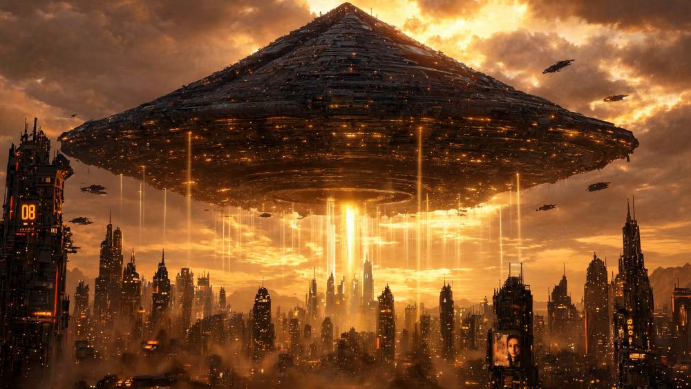 Pyramid Mothership Over Sunset City wallpaper