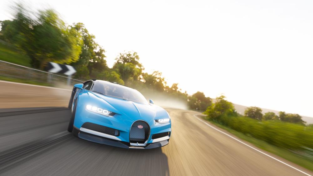 Blue Bugatti Chiron Drifting on Sunset Road wallpaper
