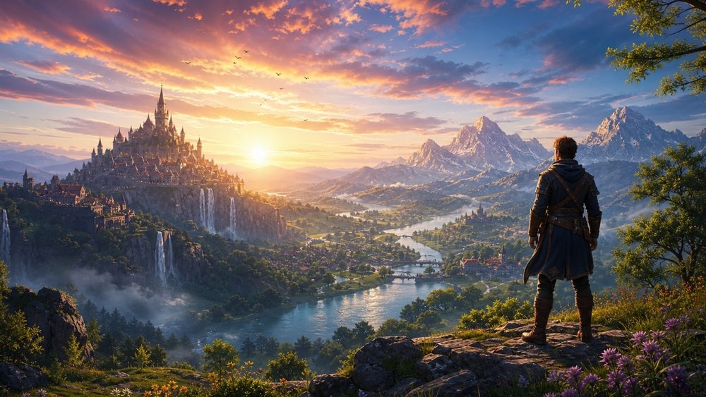 Epic Sunrise Over the Fantasy Kingdom wallpaper