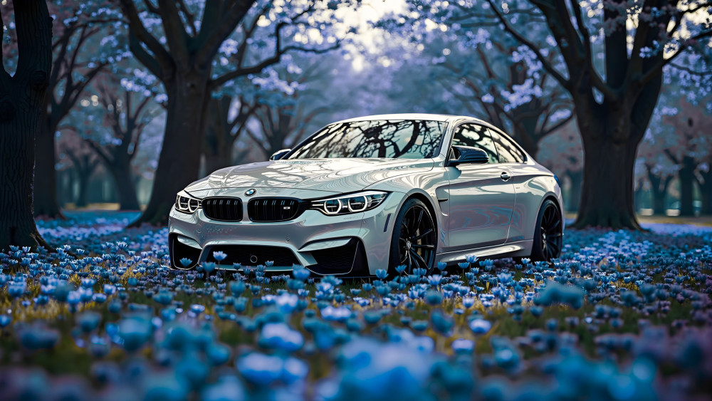 Elegant BMW M4 in Blooming Blue Forest wallpaper