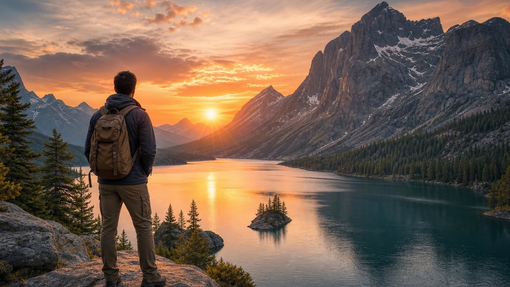Sunset Hiker Above Alpine Lake wallpaper