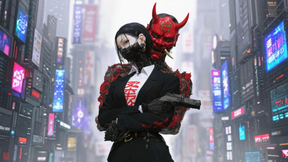Cyber Oni in Neon Metropolis wallpaper