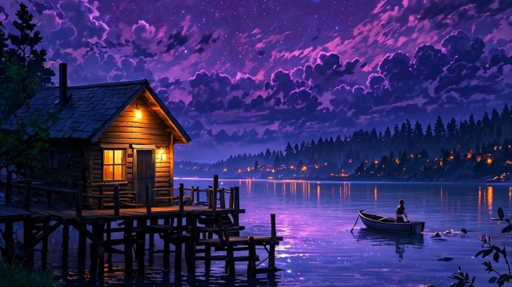Moonlit Cabin by the Purple Lake wallpaper
