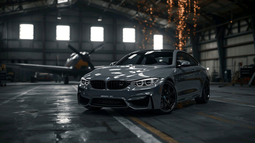 Dark BMW M3 in Industrial Hangar wallpaper