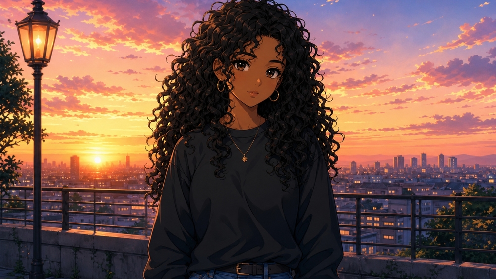 Sunset Glow Over Curly Hair Anime Girl wallpaper