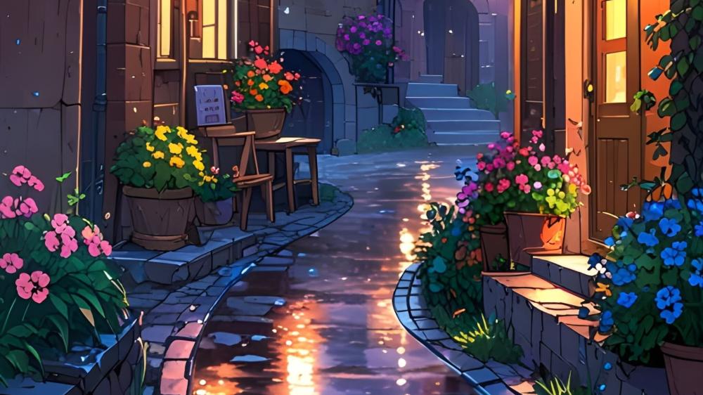 Cozy Flower Lit Anime Alley wallpaper