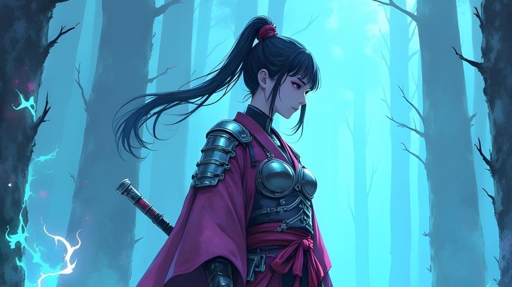 Mystic Samurai Warrior Girl in Enchanted Forest wallpaper