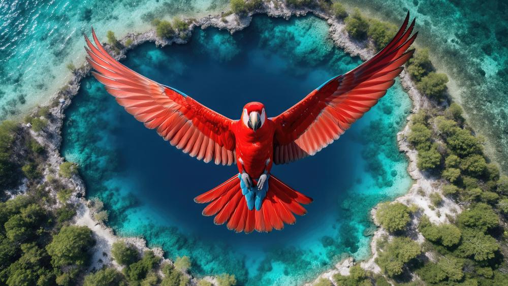 Scarlet Macaw Over Tropical Blue Hole wallpaper