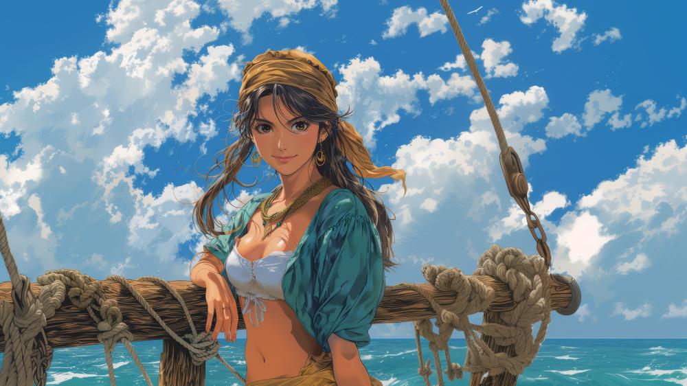 Sunlit Pirate Girl on the Open Sea wallpaper