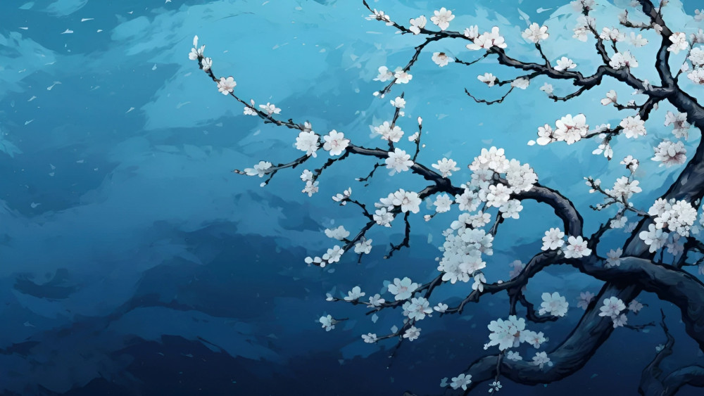 Serene Sakura Branch in Blue Twilight wallpaper